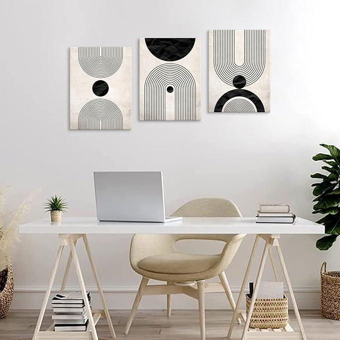 arteWOODS Wall Art Canvas Set Mid Century Boho Pictures Modern Abstract Geometric Wall Decor Minimalist Black Beige Bohemian Canvas Painting Artwork for Living Room Bedroom Office 12"x16"x3