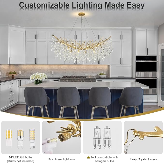 Modern Crystal Chandelier for Dining Room, 47" Gold Tree Branches Chandeliers 14 Lights Large Rectangular Chandeliers for High Ceilings Hanging Lights Fixture Master Bedroom Chandelier