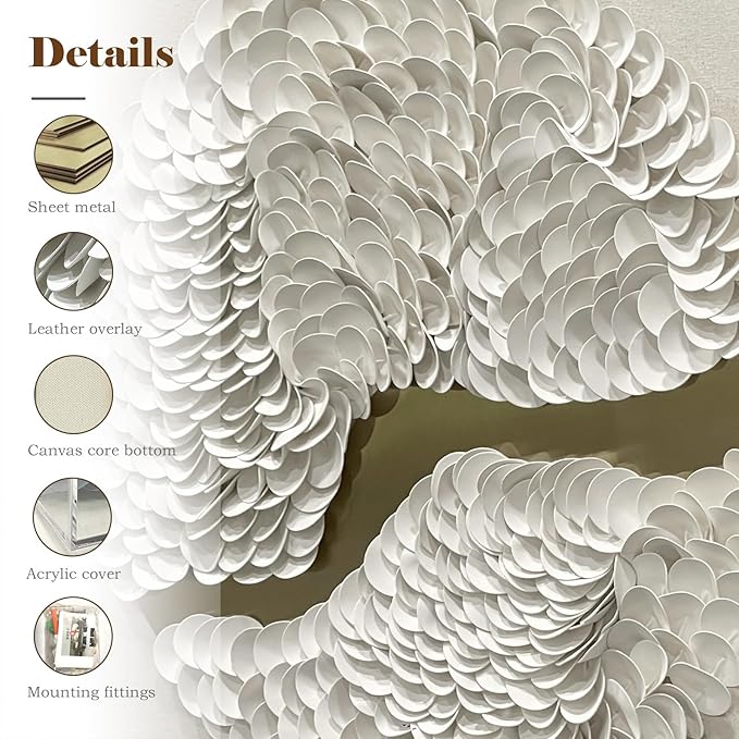 BrightA White Leather Wall Art Wall Sculpture Eclectic Decor Handcrafted Layered Texture with Wooden Shadow Frame Acrylic Protected Modern Abstract Decor for Living Room/Gallery 31.5"x31.5"