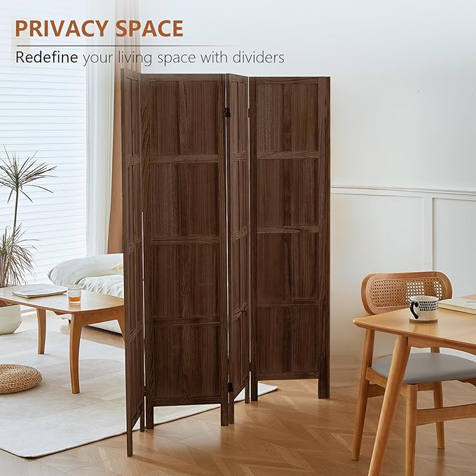 4 Panel Room Divider Wall, 5.6 FT Tall Folding Privacy Screen, Partition Divider for Room Separation, Room Partition Separator, Wooden Wall Divider Screen for Home Office Bedroom (Brown)