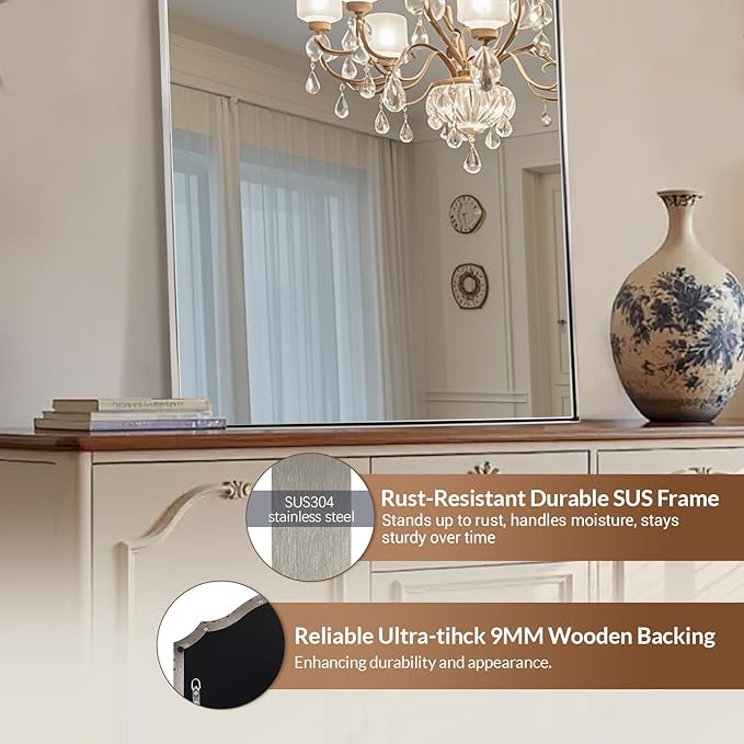 ANDY STAR Scalloped Arched Mirror, 24x36 Inch Brushed Nickel Mantle Mirror with Stainless Steel Metal Frame, Modern Silver Wall Mirrors for Bathroom, Living Room, Entryway, Wall Mounted Vertically