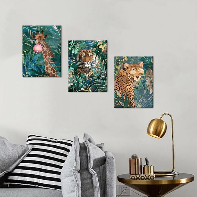 Abstract Animal Wall Art Giraffe Cheetah Tiger Pictures for Living Room Boho Green Plant Leaves Posters Jungle Botanical Canvas Adventure Wildlife Wall Decor Bathroom Bedroom Home Decoration 12x16" 3P
