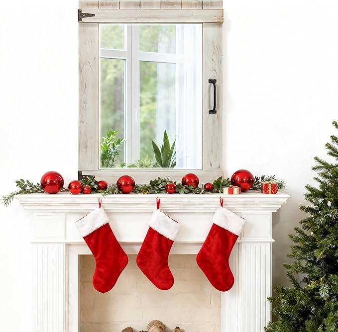 Oakrain Farmhouse Mirror, 24x32 Inch Distressed White Wood Frame with Black Metal Hinges, Rustic Wall Mirror for Bathroom, Living Room, Entryway, Bedroom