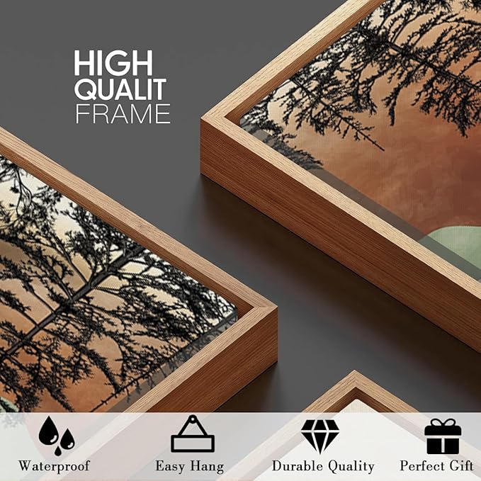 BINCUE Large Boho Mountain Wall Art Framed Wall Decor Watercolor Landscape Art Print Set of 3 for Living Room Bedroom Office 36x24 Inches