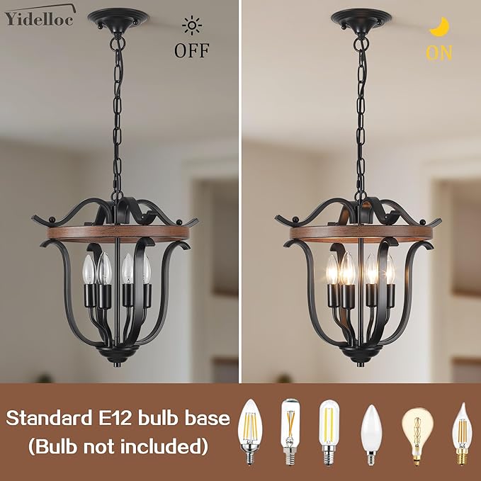 Black Farmhouse Chandelier 4 Lights, Vintage Cage Chandeliers E12 Base Ceiling Light Fixtures Semi Flush Mount Lantern Pendant Light for Dining Room Entryway Hallway Foyer Kitchen