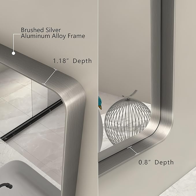 55x36 Silver Brushed Nickel Bathroom Mirror for Wall, Rounded Rectangle Silver Framed Bathroom Vanity Mirror, Anti-Rust, Shatterproof, Hangs Horizontally or Vertically