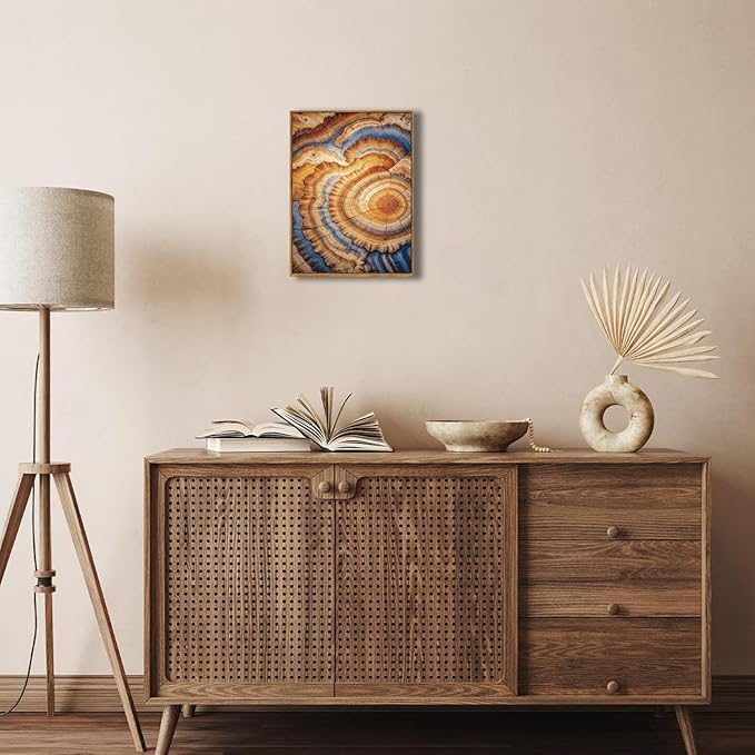 BingruiArt Framed Tree Ring Canvas Wall Art Abstract Wood Wall Decor Boho Modern Colorful Nature Painting Wood Stump Prints Pictures for Living Room Bedroom Bathroom Office 12"x16" Natural Framed(09)