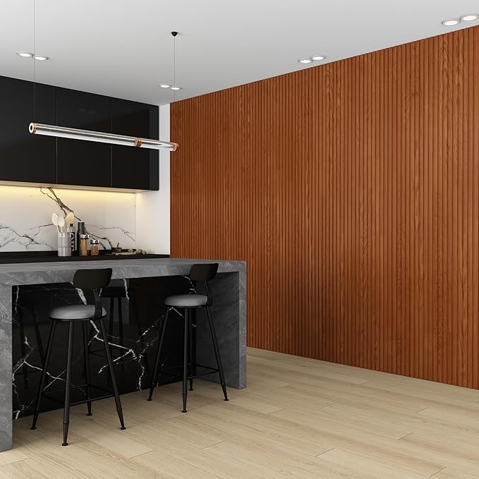 8-Pack WPC Wall Panels 118’’ x 6.3’’ 3D Slat Wall Panel Acoustic Wall Paneling for Interior Wall Decor TV Background Kitchen Bedroom Teak