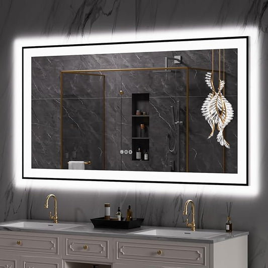 LOAAO 55"X30" LED Bathroom Mirror Black Framed, Anti-Fog, Dimmable, Lighted Bathroom Vanity Mirror for Wall, Memory Function, Tempered Glass