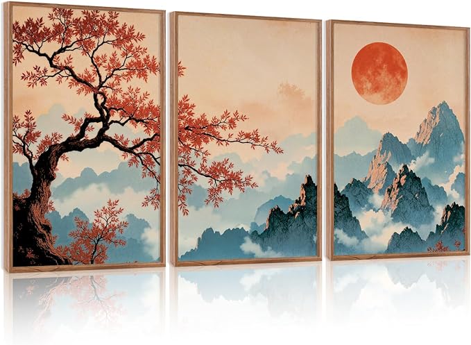 LHIUEM Large Boho Mountain Sunset Framed Canvas Wall Art Set of 3(16”X24”)Pine Tree Red Flowers Wall Decor,Chinese Style Maple Leaves Painting,Nature Landscape Forest Foggy Artworks for Bedroom Office