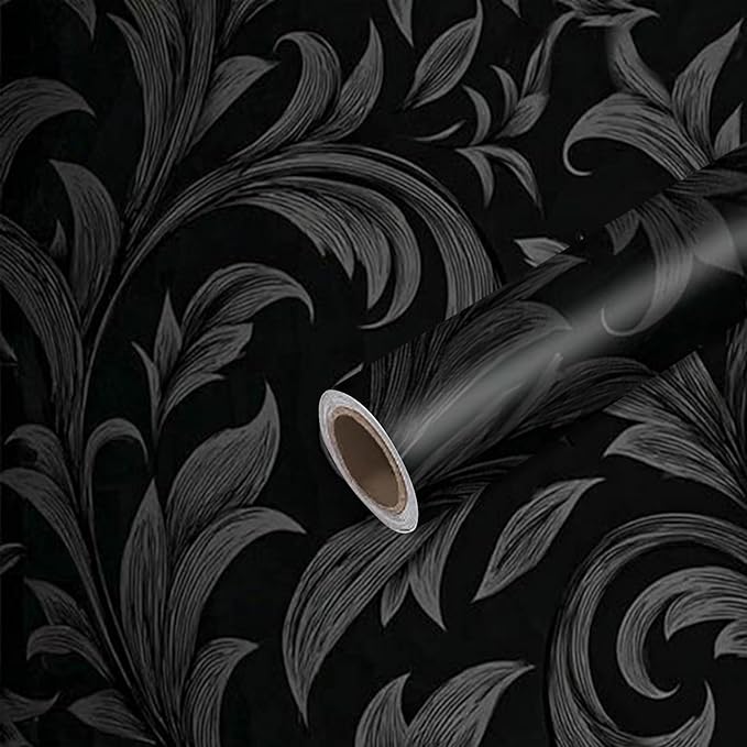 Nuxovilar Black Damask Floral Textured Peel and Stick Wallpaper, 15.75"x39.37", Self-Adhesive Contact Paper, Vintage Elegant Pattern for Bedroom, Living Room and Table Decor