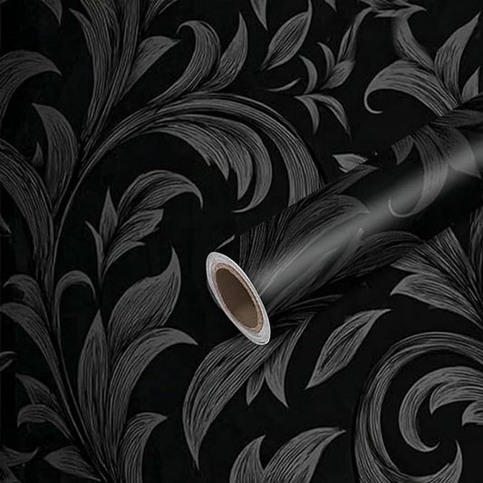 Nuxovilar Black Damask Floral Textured Peel and Stick Wallpaper, 15.75"x39.37", Self-Adhesive Contact Paper, Vintage Elegant Pattern for Bedroom, Living Room and Table Decor