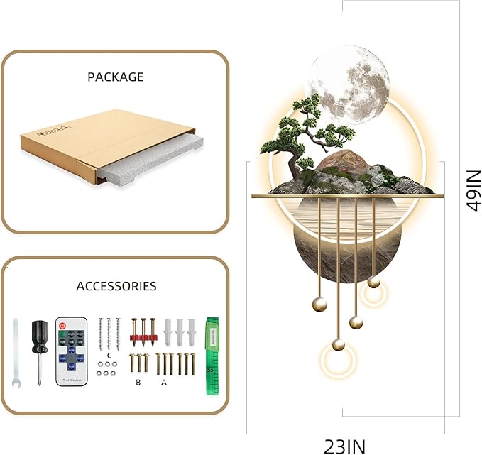 3D Art Wall Decor with Light, Decor Wall Sculptures Large 3D Art, Modern Home Decor Landscape Wall Sculpture, Plug-in Power Supply, Gold A, 23x49IN