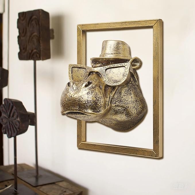 JJALIGHTS Exquisite Resin Animal Head Wall Sculpture (Gift Metal Frame) - Imitation Copper Vintage Decor for Living Room, Bedroom & Office | Decorative Wall Hanging Art(Hippo)