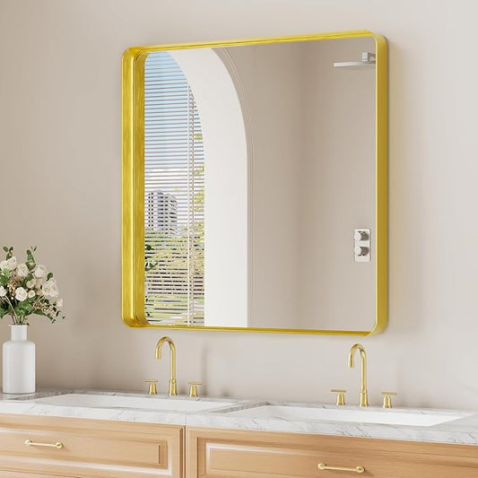 Koonmi Gold Wall Mirror for Bathroom, 30x30 Inch Matte Deep Framed Rounded Rectangle Vanity Mirror for Farmhouse Living Room, Tempered Glass, Anti-Rust, Vertically or Horizontally