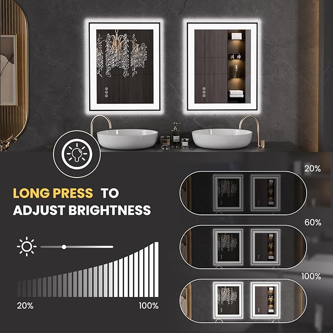 LOAAO 20"X28" LED Bathroom Mirror Black Framed, Anti-Fog, Dimmable, Lighted Bathroom Vanity Mirror for Wall, Memory Function, Tempered Glass