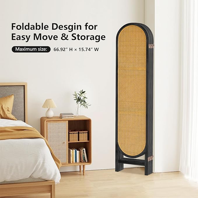6 Panels Room Divider, Foldable Wooden Room Divider, Individual Privacy Screen Made of Hand-Woven Rattan, Portable Wall Divider for Home Office Bedroom Bathroom Dressing Room (Black Natural)