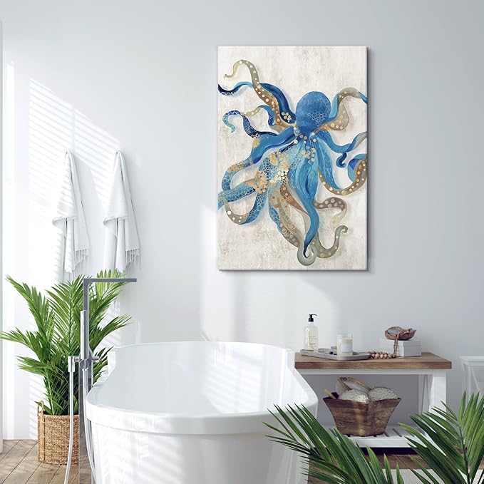 Octopus Canvas Wall Art Ocean Life Theme Painting Blue and Gold Sea Animal Picture Coastal Artwork Framed Octopus Picture For Bathroom Bedroom Livingroom Wall Decoration 24x36Inch