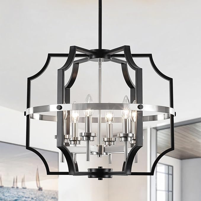 19.7'' Modern Chandelier 6-Light Black and Brushed Nickel Dining Room Light Fixture, Adjustable Industrial Drum Hanging Pendant Lights for Kitchen Island Hallway Entryway Foyer
