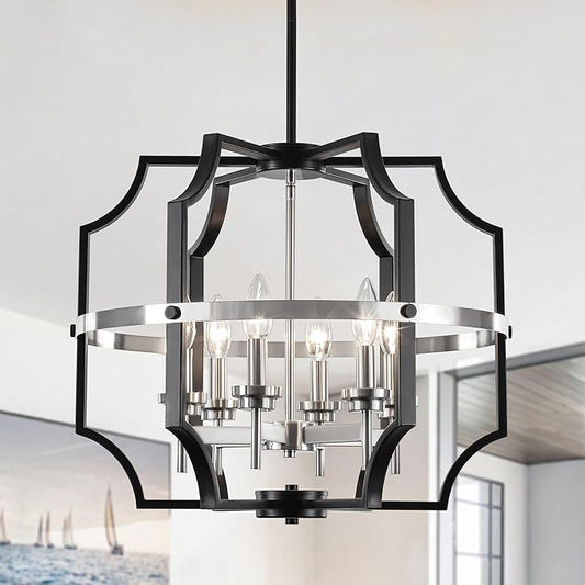 19.7'' Modern Chandelier 6-Light Black and Brushed Nickel Dining Room Light Fixture, Adjustable Industrial Drum Hanging Pendant Lights for Kitchen Island Hallway Entryway Foyer