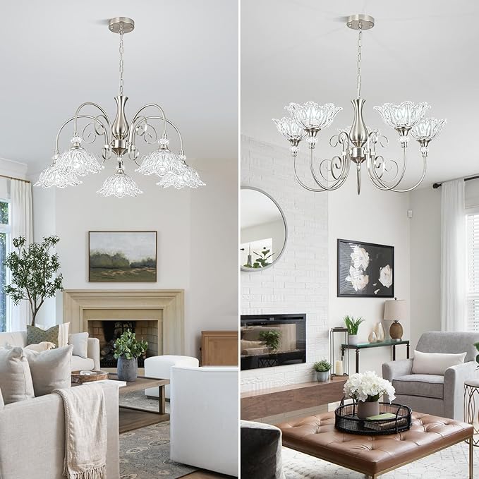 5-Light Chandeliers in Brushed Nickel Finish with Crystal Glass Shades, Brushed Nickel Chandelier Light for Dining Room,Hallway,Kitchen