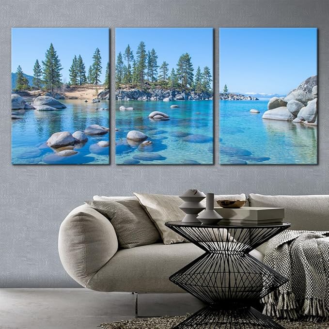 Pacimo Canvas Print Wall Art Set Vibrant Forest & Rocky Lake Landscape Nature Wilderness Photography Realism Rustic Scenic Modern Artwork Decor Stretch Framed Ready to Hang - 20"x28"x3