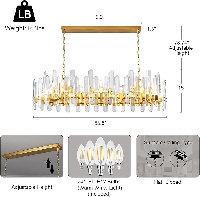 54" Modern Gold Crystal Chandelier, 24-Light Luxury Rectangular Chandelier for Dining Room, Kitchen Island, Living Room, Bedroom, Foyer, Contemporary Adjustable Chain Chandeliers K9 Light Fixture