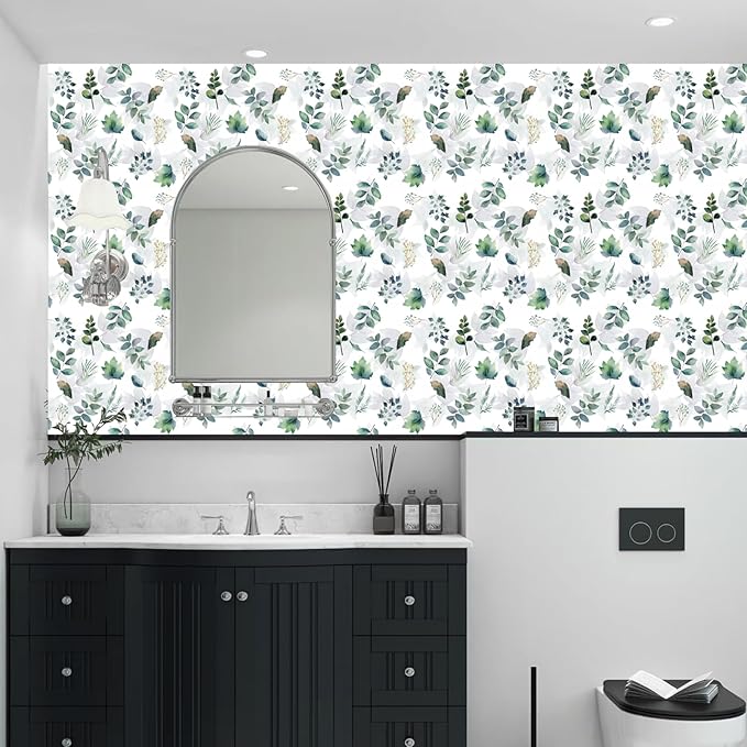 17.5" x 197"Modern Blue and Sage Green Leaf Peel and Stick Wallpaper Botanical Design Removable Self-Adhesive Vinyl Boho Contact Paper for Bathroom Waterproof Cabinets Bedroom and Farmhouse Wallpaper