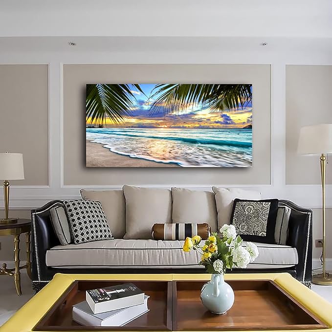 Beach Canvas Wall Art Seascape Theme Pictures Home Decor Blue Ocean White Wave Palm Tree Prints Painting for Living Room Bathroom Bedroom Kitchen Office Decoration Natural Scenery Artwork 28x57 inches