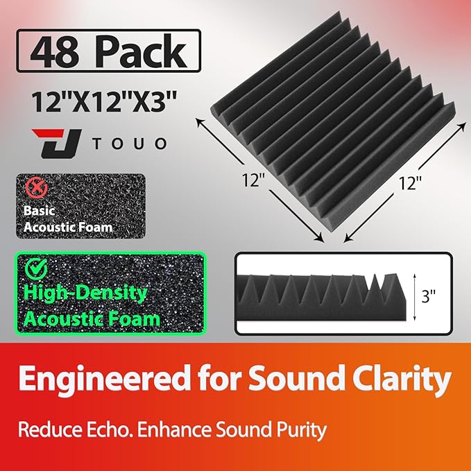 48 Pack Acoustic Panels – Sound Proof Foam Panels for Wall 12"x12"x3", Flame Retardant Wedge Acoustic Foam, High-Density Sound Absorbing Panels for Home Studio(Black, 3" Thick 48 Pack)