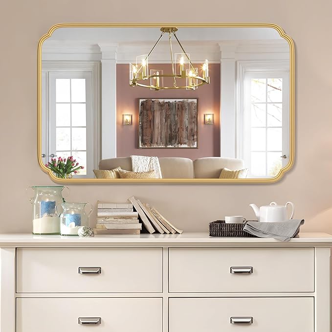 30"x48" Gold Bathroom Mirror for Wall, Large Brass Gold Bathroom Vanity Mirror for Over Sink, Rounded Rectangle Mirror in Premium Iron Metal Frame Hangs Horizontal Or Vertical