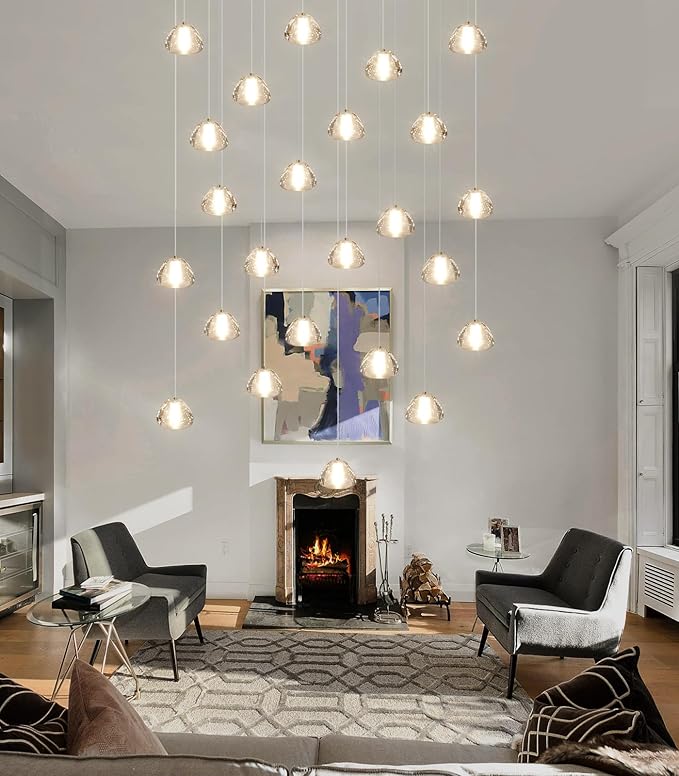 24-Lights Modern Crystal Rectangular Chandelier LED Raindrop Ceiling Pendant Light Crystal Lighting Fixture for Living Room Hotel Staircase Hallway Foyer Entryway Bedroom Gold