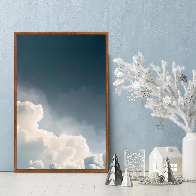 LHIUEM Abstract White Clouds Framed Canvas Wall Art,Modern Navy Blue Sky Wall Decor,Natural Scenery Painting,Minimalist Dreamy Artwork for Living Room,Bedroom,Dining Room -16"x24"x3