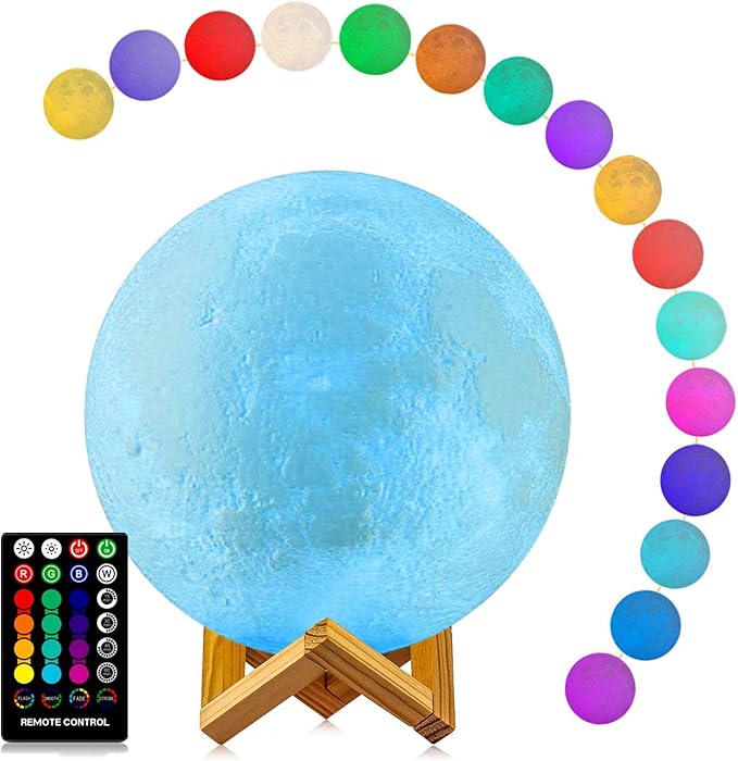 LOGROTATE Moon Lamp, Moon Light Lamps with Time Setting and Stand 3D Printing LED 16 Colors, Hung Up Decorative Night Lights for Baby Kids Friends Lover Birthday Gifts(Diameter 9.6 inch)