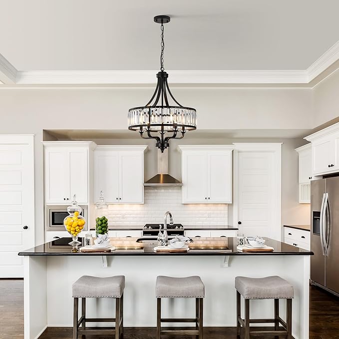 Modern Black Crystal Chandelier,5-Light Farmhouse Dining Room Light Fixture Over Table Adjustable Height Hanging Industrial Pendant Lights Kitchen Island,Living Room Kitchen Island Entryway