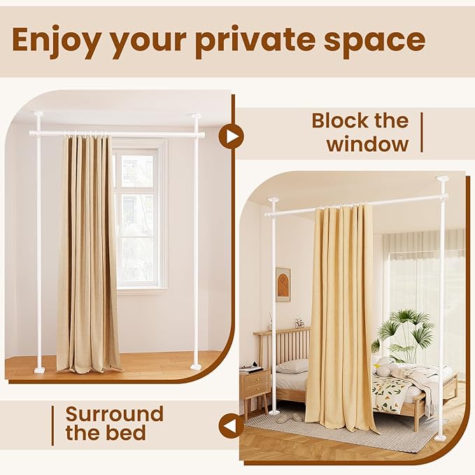 Bonpally Room Divider Curtain Rod, No Drilling Room Separator for Space Partition, 4-10ft (H) 28-70 inch(W) Adjustable Heavy Duty Temporary Wall Divider Floor to Ceiling Tension Rod, White