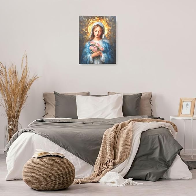 Christian Mary Wall Art Mary Mother Of God Canvas Wall Decor Catholic Blessed Mother with Roses Pictures Christ Paintings Prints Religious Bible Artwork Framed Decorations For Church Prayer Room Chapel Bathroom Bedroom Living Room Gifts 16" x 20"