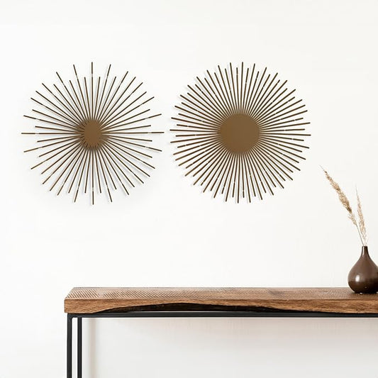 NEODECO Sun Rays-Double Metal Wall Art, Geometric Sun Decor, Metallic colors, Large 3D wall sculpture, model BC, Set of 2 (Bronze, Small)