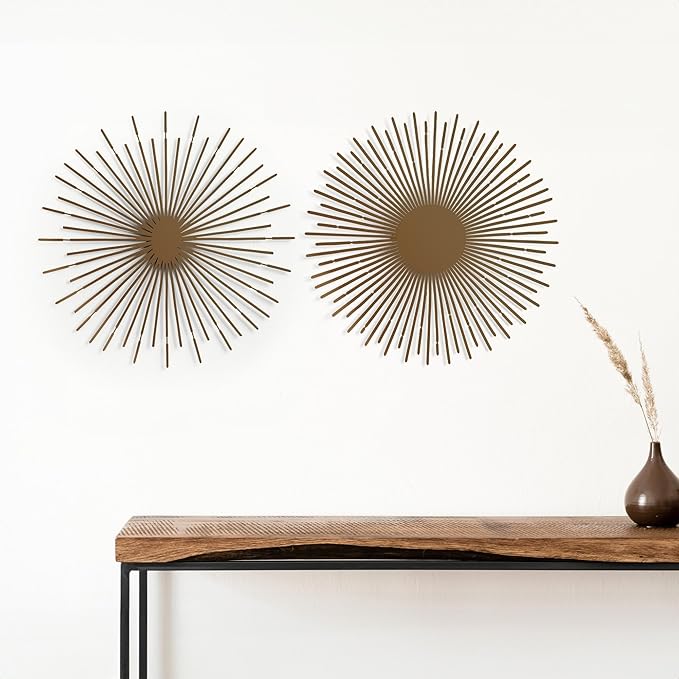 NEODECO Sun Rays-Double Metal Wall Art, Geometric Sun Decor, Metallic colors, Large 3D wall sculpture, model BC, Set of 2 (Bronze, Medium)