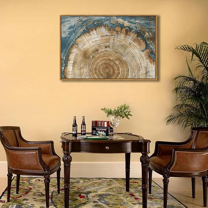 BingruiArt Large Framed Tree Ring Wall Art Wood Canvas Green Boho Wall Decor Rustic Artwork Abstract Painting Farmhouse Picture Nature Print for Living Room Bedroom Bathroom 24"x36" Natural Framed(08)