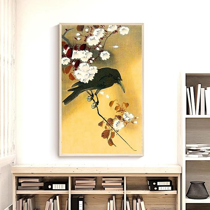 OZCONO Japanese Crow and Cherry Blossoms Wall Art Print, Vintage Ukiyo-e Style, Unframed Gallery Quality Giclée (11L x 9W)