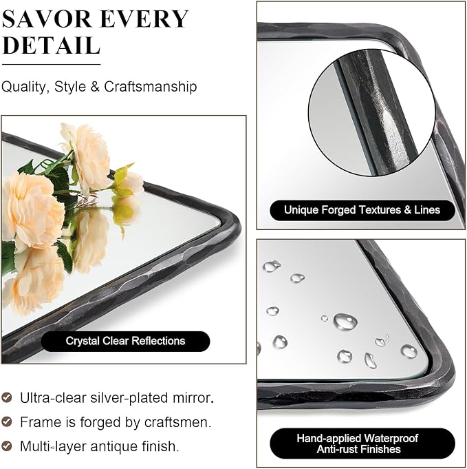 ANDY STAR Hand-Forged Black Bathroom Mirrors for Wall, 22x30 Inch Vintage Solid Steel Metal Frame Bathroom Vanity Mirror, Antique Rounded Rectangle Wall Mirror, Hangs Horizontally or Vertically