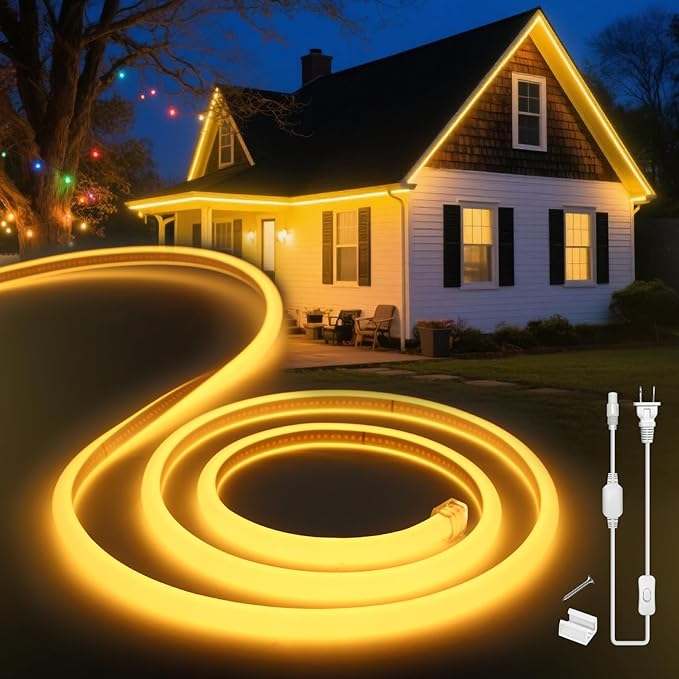 LED Neon Lights Warm White 3000K,16.4ft 110-120V LED Strip Lights,Flexible Outdoor Waterproof Neon Rope Lights for Bedroom,Cabinet,Kitchen,Living Room,Mirror,Halloween Decor