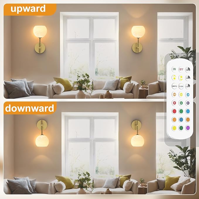 MOITA Wall Sconces Set of Two, Wireless Battery Operated Wall Decor with Remote, Sconces Wall Lighting with Glass Shade, Upward and Downward Installation, 12 RGB Colors and 3 CCT Options