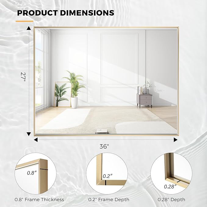 27x36 Inch Brass Bathroom Mirror for Wall, Aluminum Frame Rectangle Rectangular Vanity Mirror, Modern Large for Bedroom, Living Room, Horizontal or Vertical