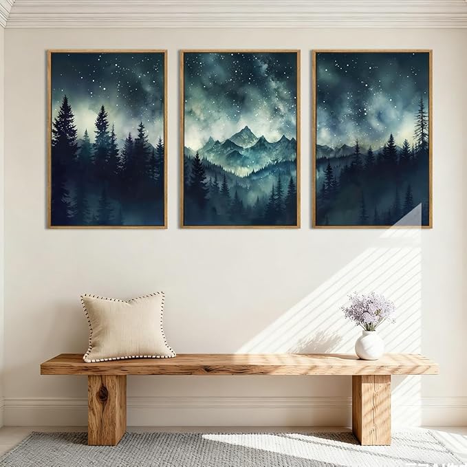 Large Misty Forest Mountain Wall Art Framed Dark Starry Sky Wall Decor Modern Wilderness Art Print for Living Room Bedroom Office 16x24 Inch Set of 3