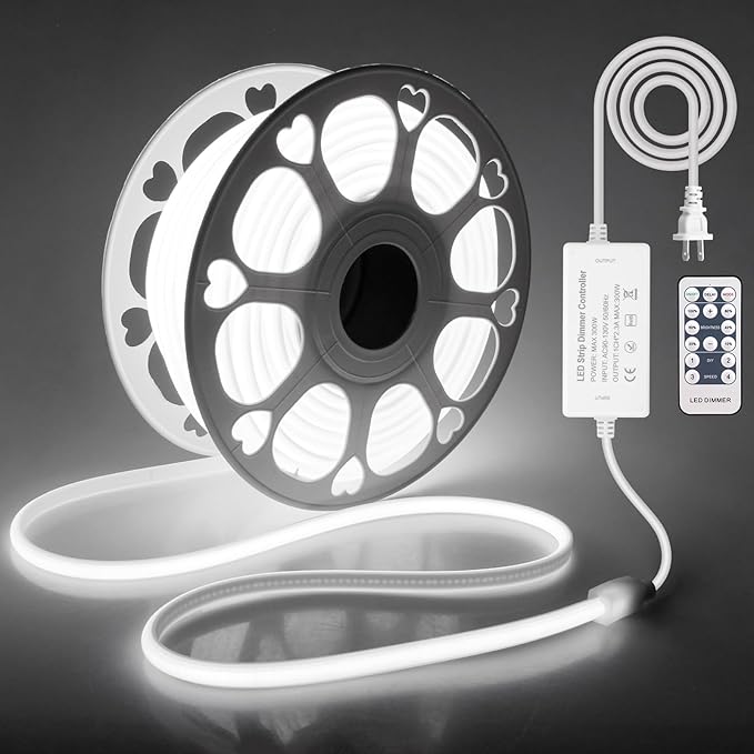 AC 110V~120V COB Led Strip Lights 100FT/30M White Led Rope Lights Outdoor Waterproof for Garden Patio Building Commerical Decor Dimmable Flexible Cob Lights with Remote Daylight White 6000k
