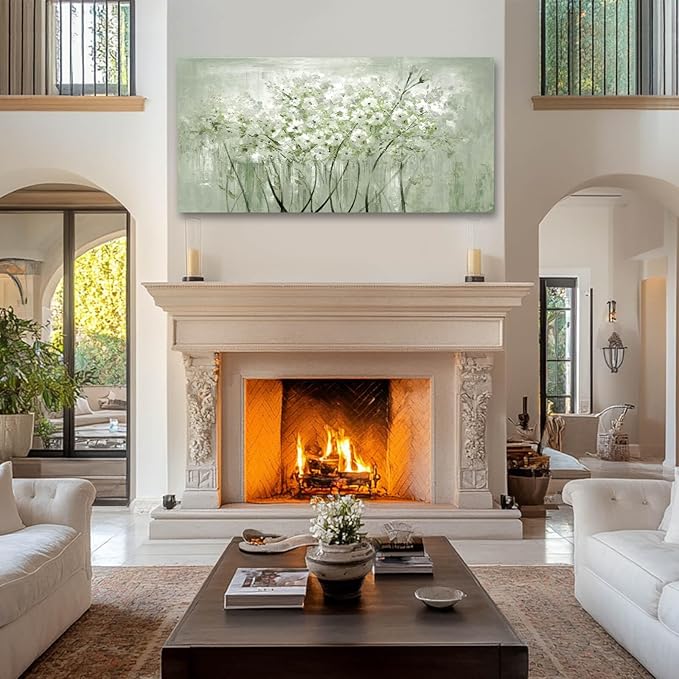 MLART99 Modern Artwork Wall Decor White Flowers Picture Art 24"x48" Plant Wall Art Decorations for Living Room Office