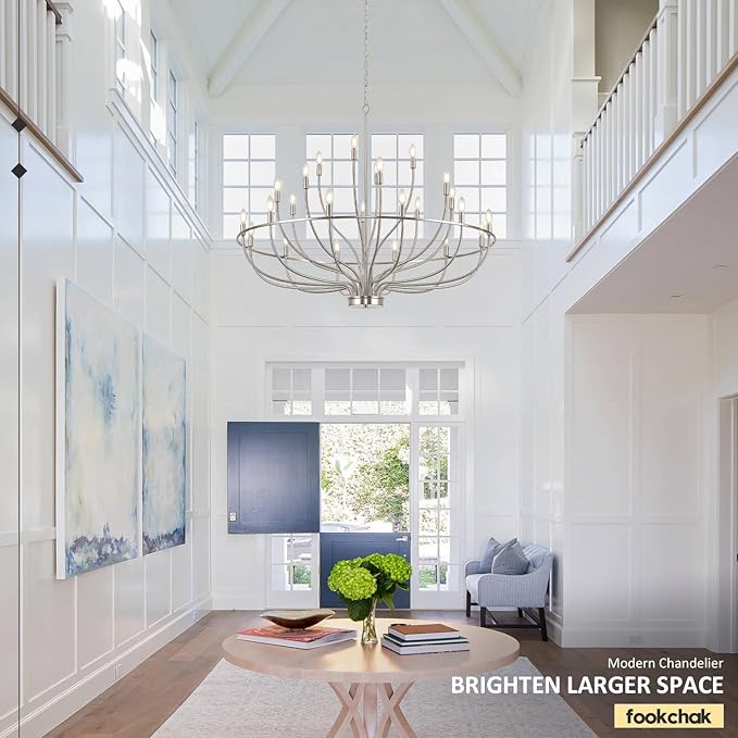 24 Light Brushed Nickel Chandelier 51'' Large Candle Chandeliers for High Ceiling Foyer Modern Classic Chandelier Light Fixture for Large Living Room Dining Room Stairs Entry Restaurant Hotel