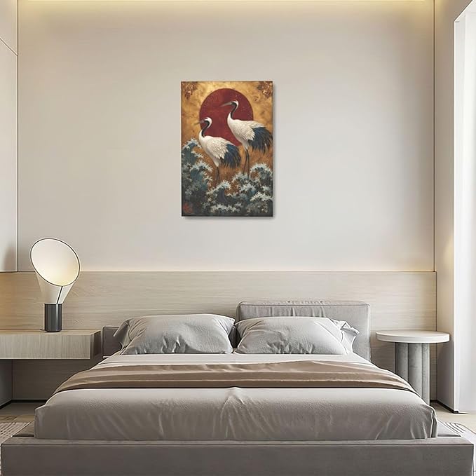 Japanese Crane Wall Art Gold Oriental Asian Wall Decor Sandhill Crane Canvas Pictures Paintings Prints Japan Traditional Aesthetic Artwork Framed Chinese Decorations For Bedroom Living Room Office Gifts 16" x 24"